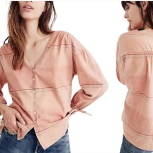 Madewell Morningview Tie Sleeve Shirt in Peach Plaid Cotton Boxy Blouse L
